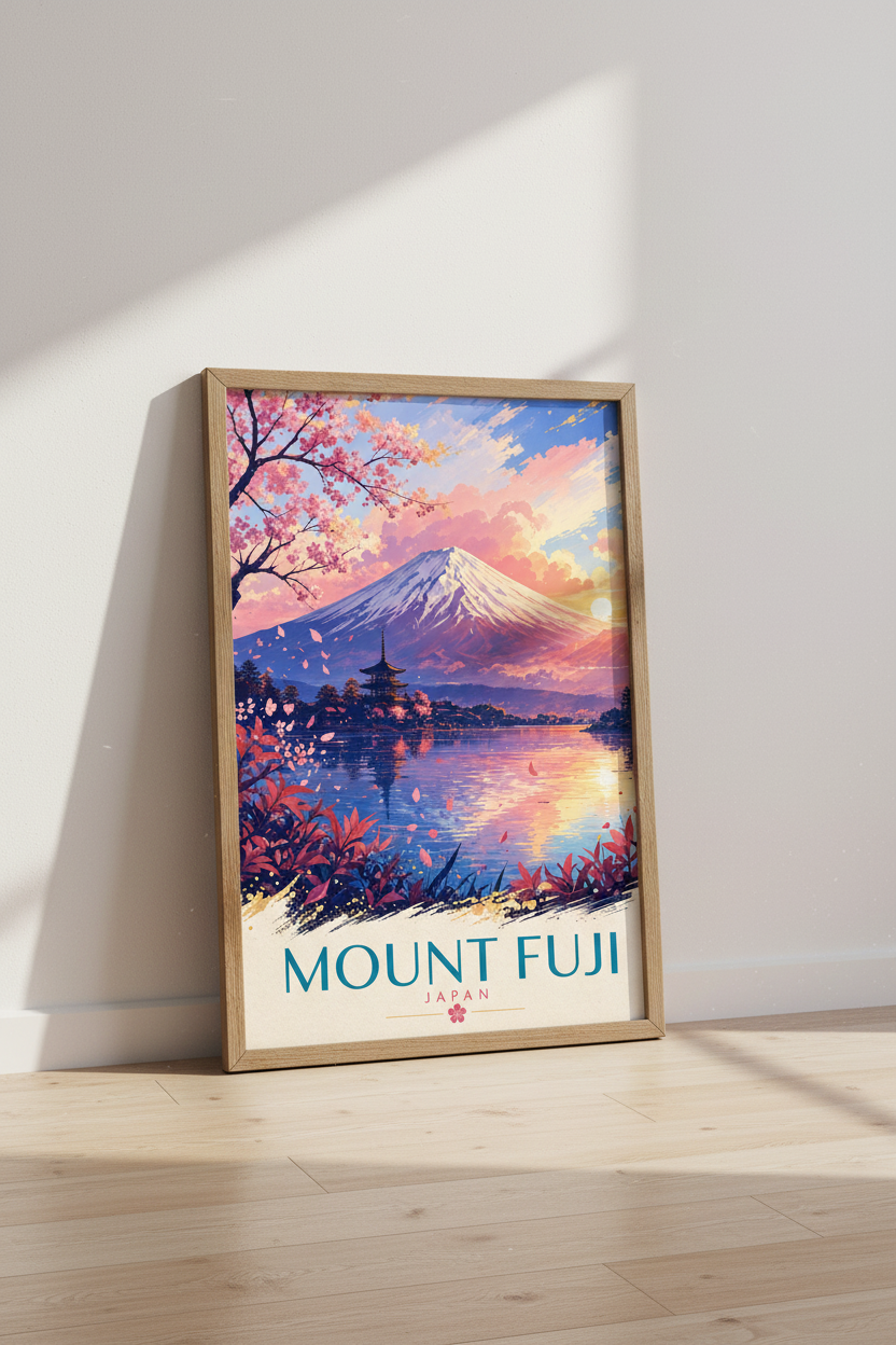 Mount Fuji Japan Wall Art Print | Pink Cherry Blossom Decor | Aesthetic Sunset Poster