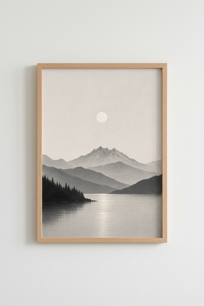 Mountain Lake Landscape Art | Minimalist Neutral Poster, Modern Bedroom Decor