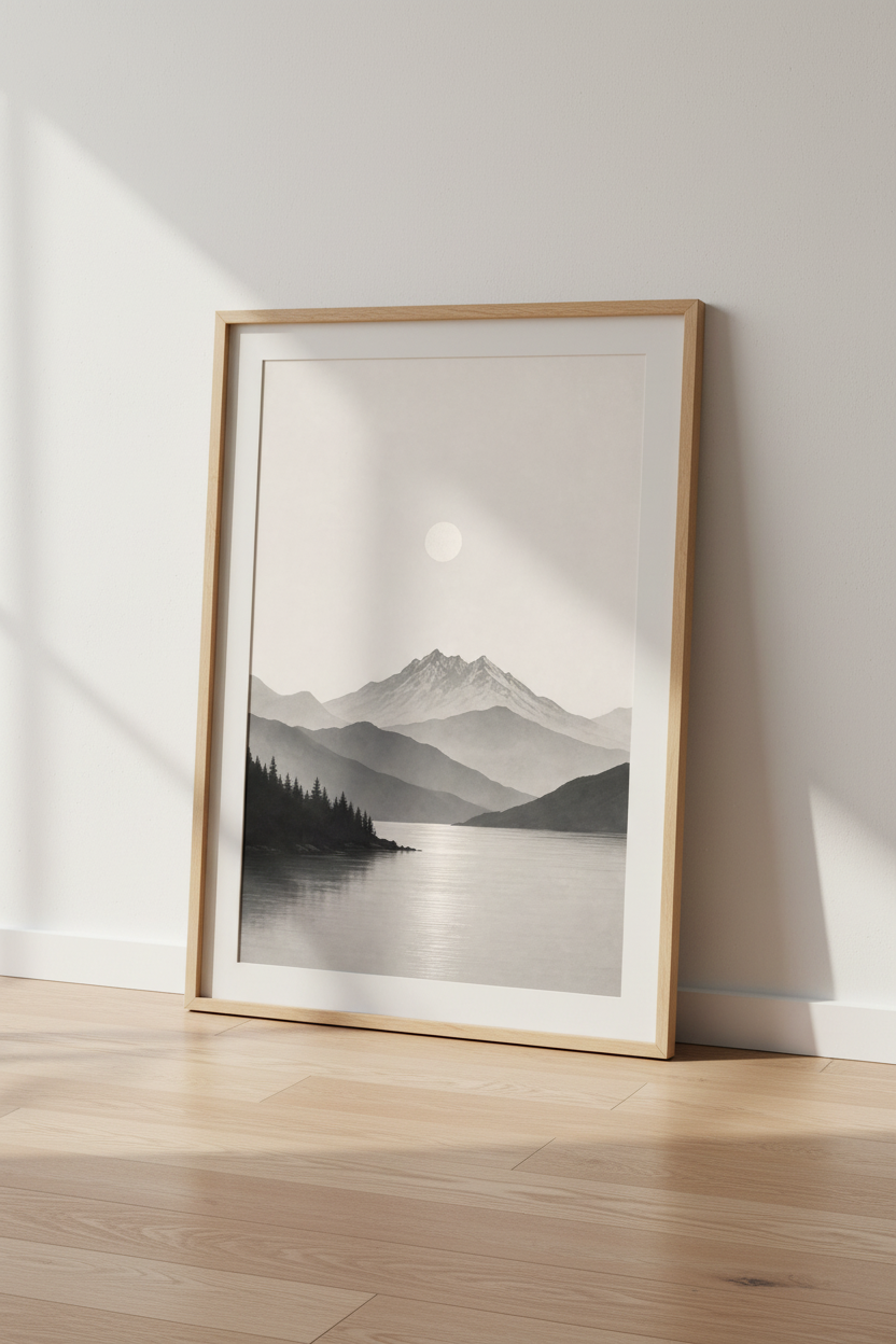 Mountain Lake Landscape Art | Minimalist Neutral Poster, Modern Bedroom Decor