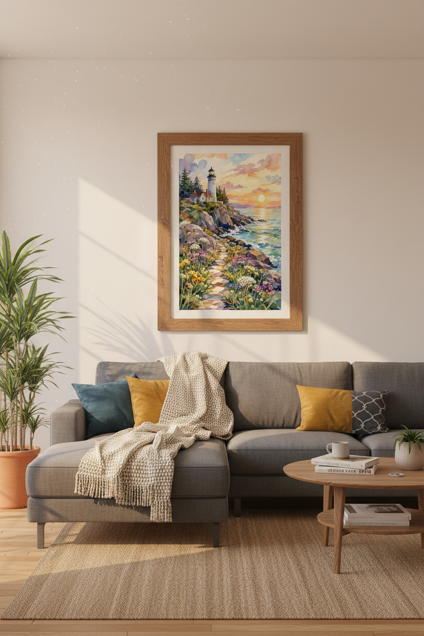 Watercolor Lighthouse Sunset Print | Coastal Wall Art | Dreamy Nautical Poster