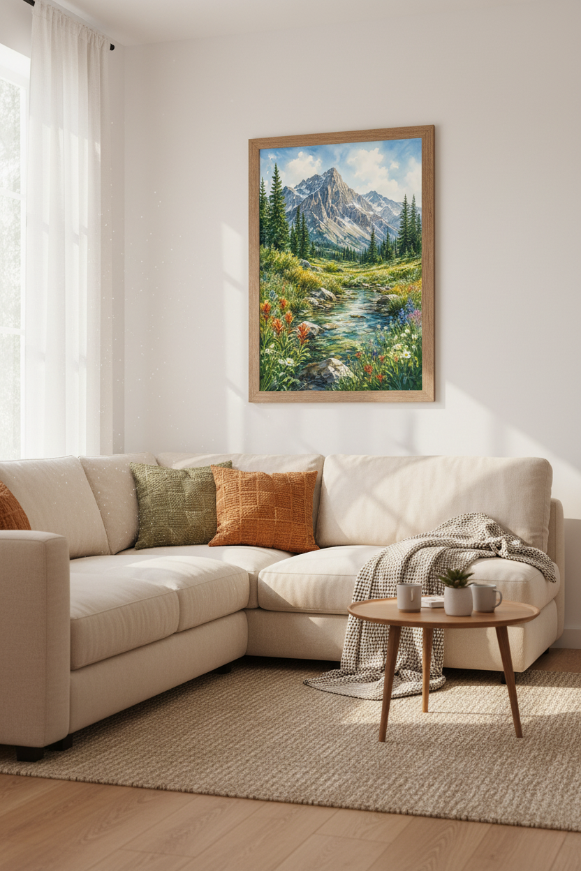 Mountain Landscape Watercolor Art | Nature Meadow Poster, Living Room Decor