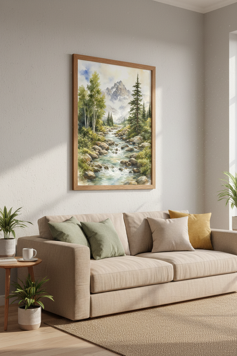 Mountain Stream Watercolor | River Landscape Wall Art, Nature Home Decor Poster