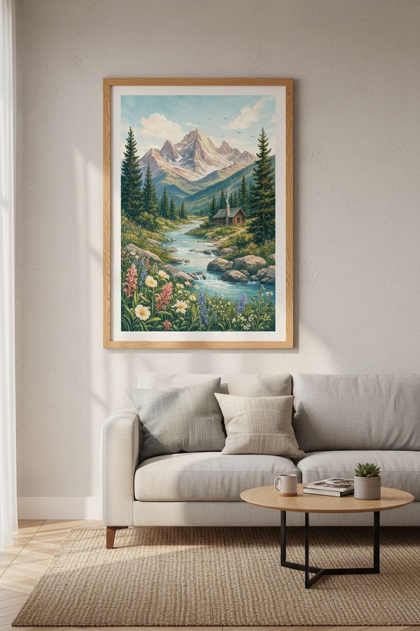 Mountain Cabin Landscape Wall Art | Painted Nature Poster | Rustic Room Decor