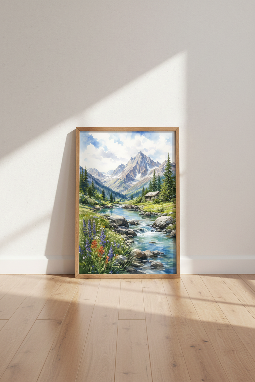 Mountain Landscape Watercolor Art | Nature Stream Cabin Poster, Rustic Home Decor