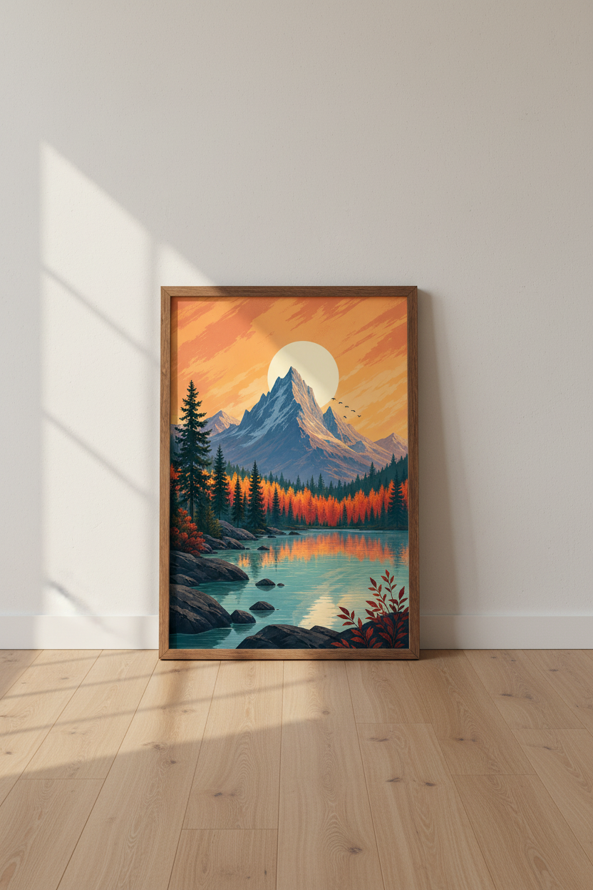 Mountain Lake Nature Wall Art | Retro Sunset Landscape Print, Modern Cabin Decor