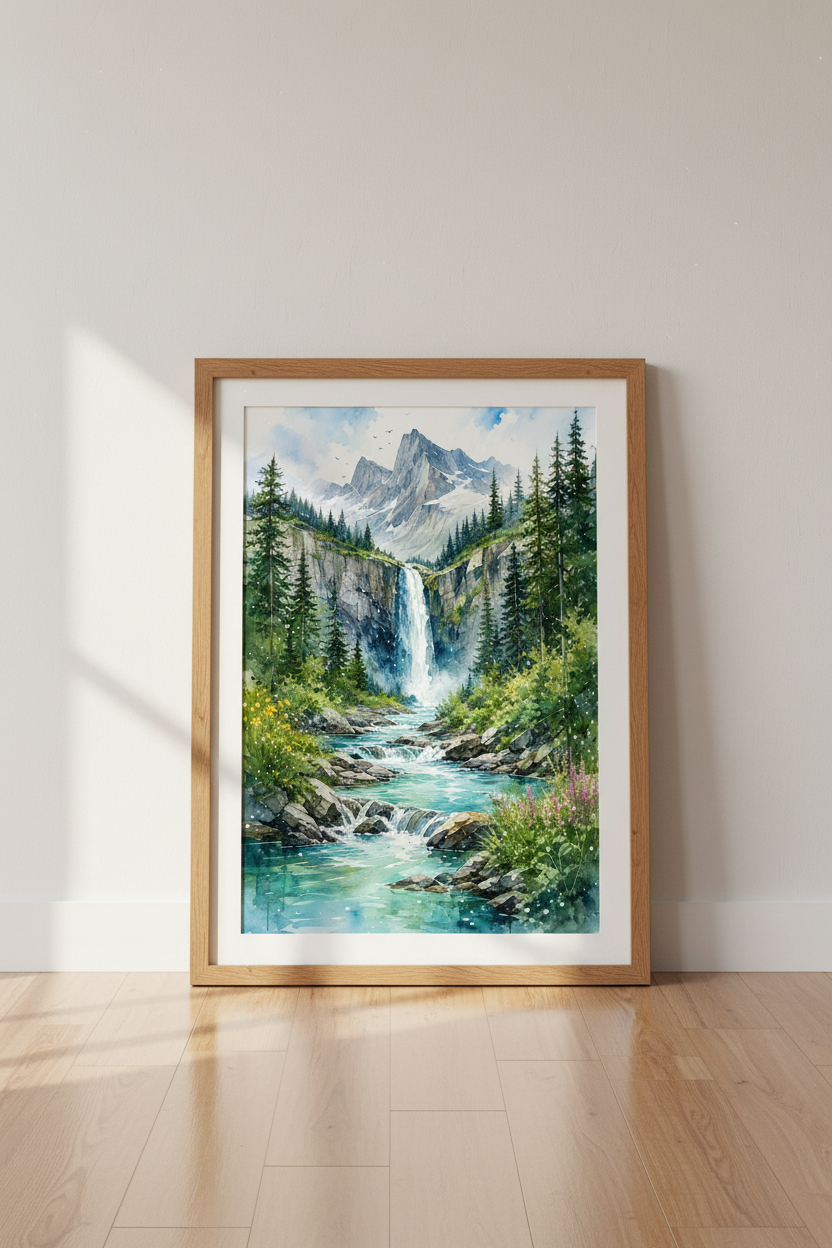 Watercolor Waterfall Mountain Landscape Print | Nature Wall Art | Pine Forest Poster
