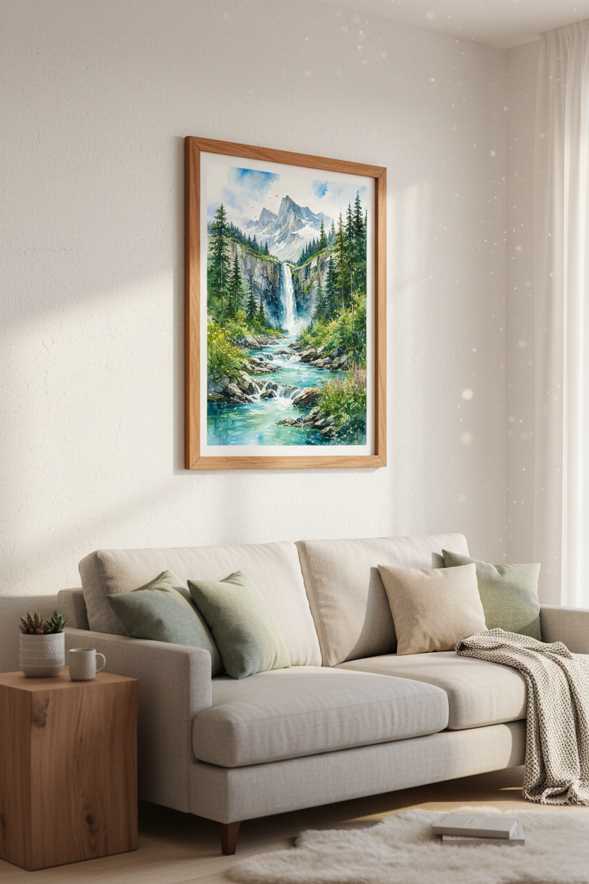 Watercolor Waterfall Mountain Landscape Print | Nature Wall Art | Pine Forest Poster