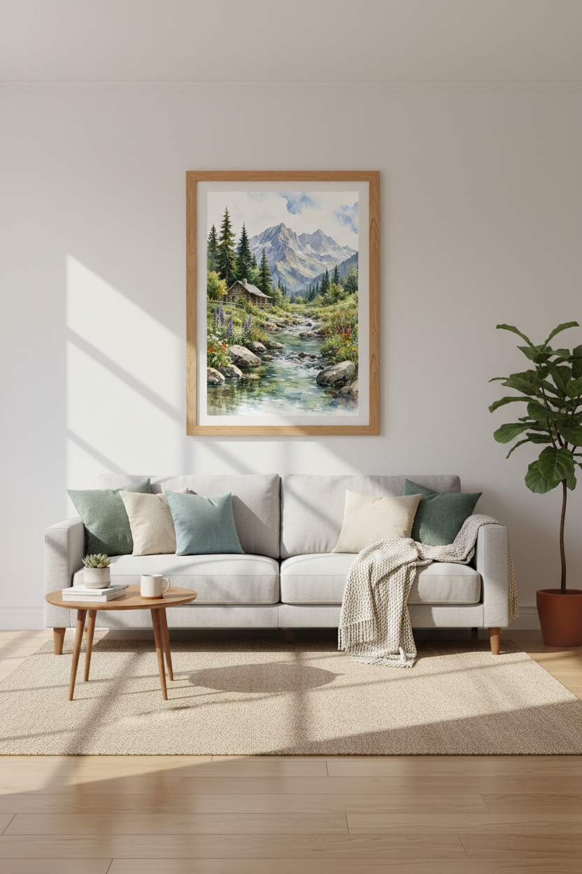 Mountain Cabin Watercolor Wall Art | Nature Landscape Decor | Rustic Lodge Poster