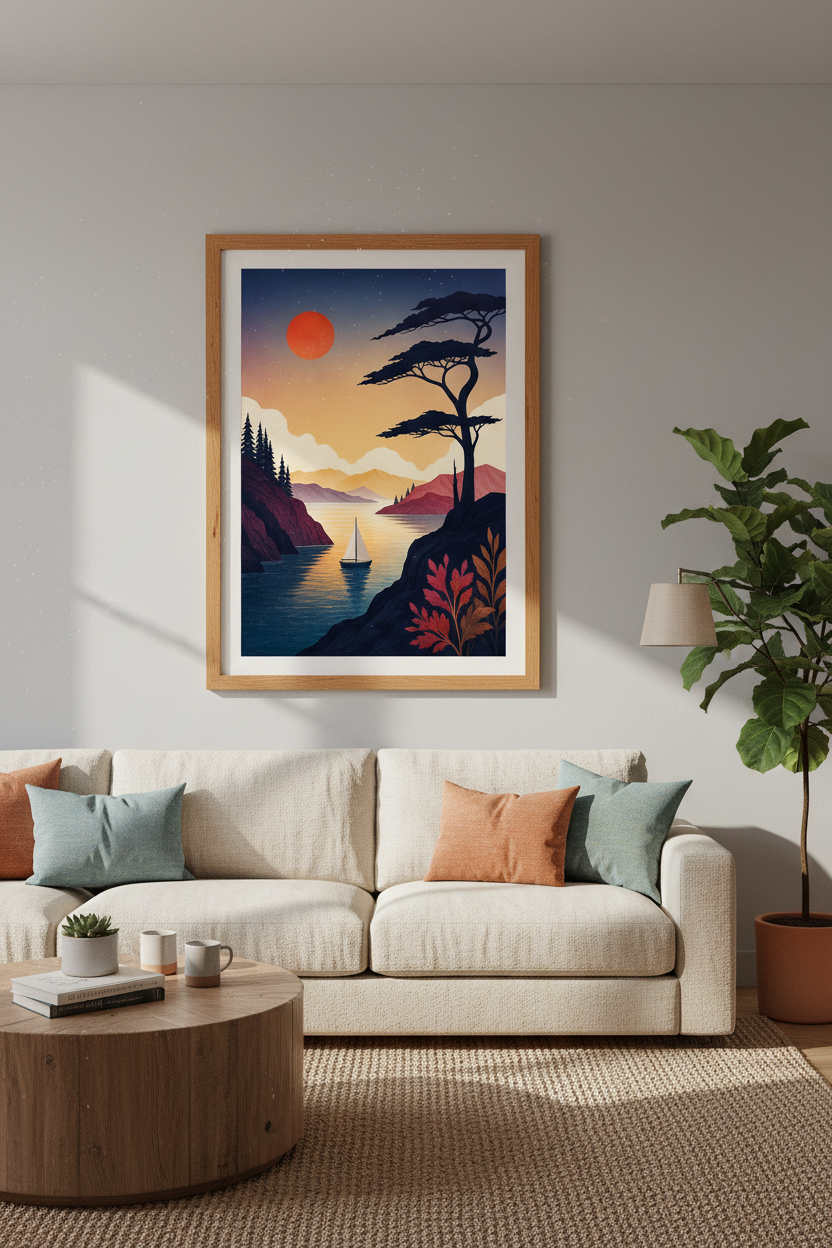 Sailboat Sunset Landscape Wall Art | Minimalist Coastal Decor | Mid Century Modern Poster