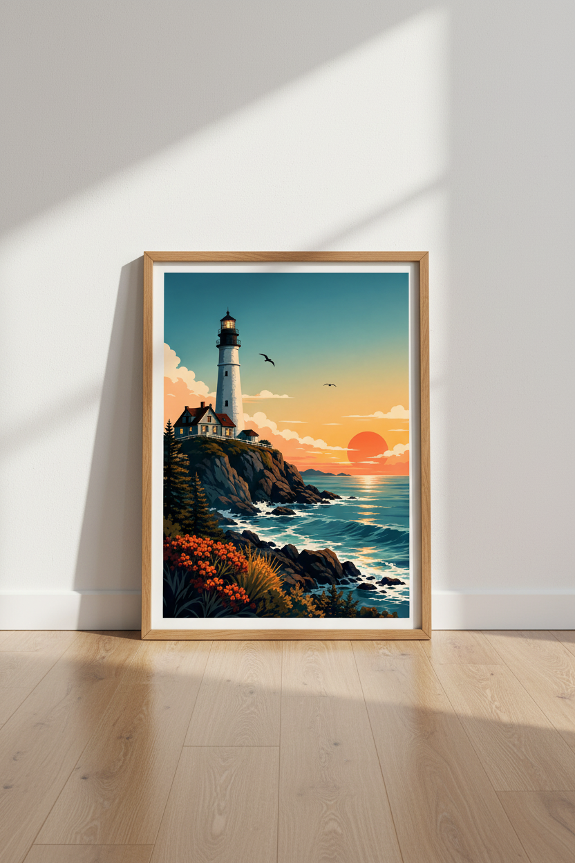 Lighthouse Sunset Wall Art | Coastal Landscape Decor | Nautical Ocean Poster