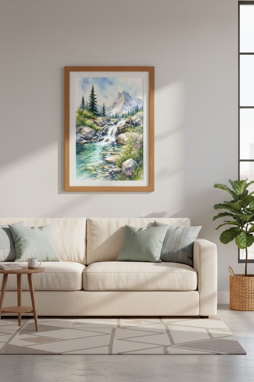 Mountain Waterfall Wall Art | Watercolor Landscape Poster | Nature Home Decor