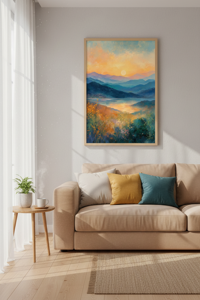 Abstract Mountain Lake Sunset Wall Art | Blue & Gold Landscape | Nature Decor Poster