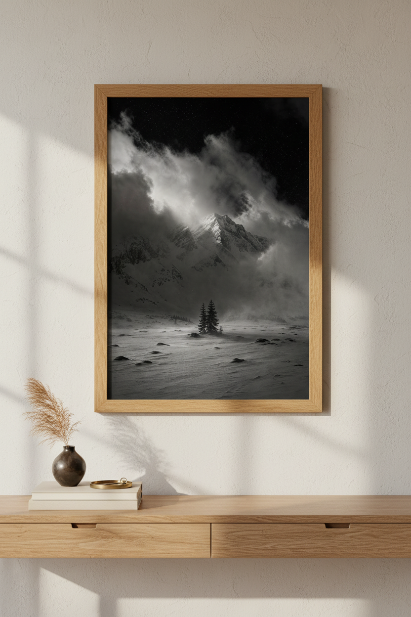 Mountain Wall Art | Moody Mono Peak, B&W Decor | Living Room