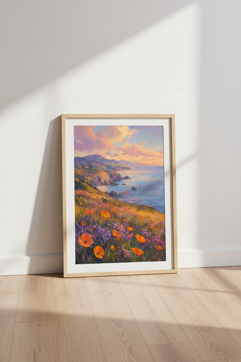 Coastal Landscape Poppies | Impressionist Sunset Print, Living Room Wall Art