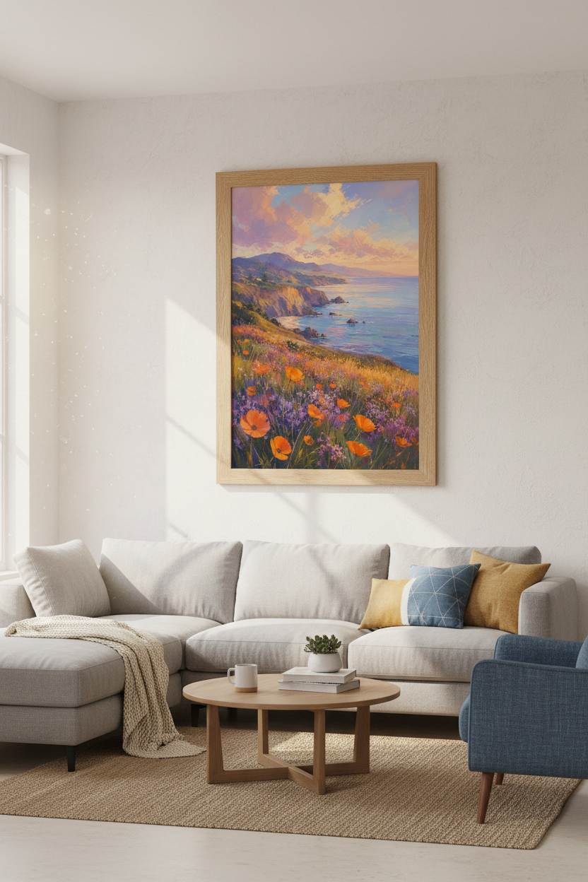 Coastal Landscape Poppies | Impressionist Sunset Print, Living Room Wall Art