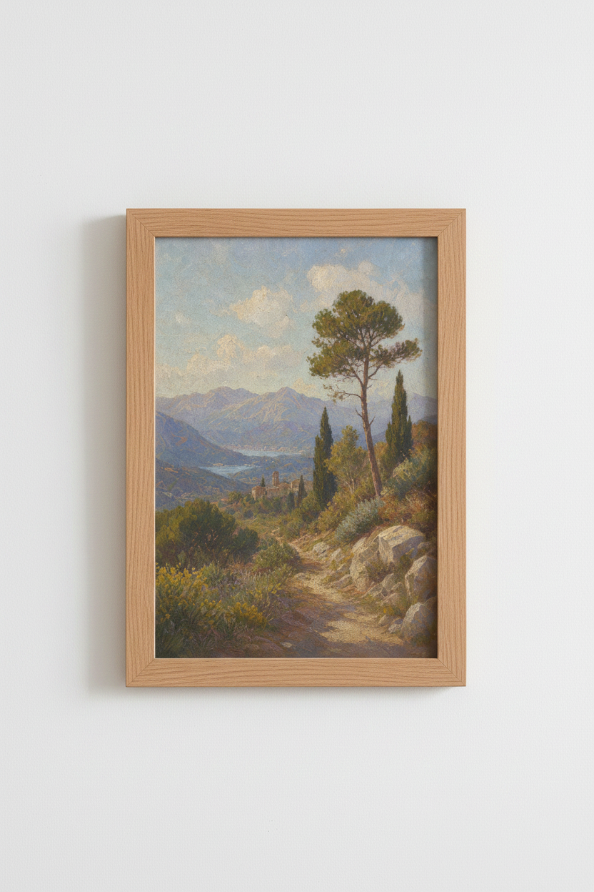 Mediterranean Landscape Poster | Sunlit Hillside, Tuscan Tones | Living Room Decor