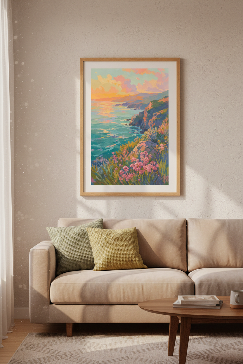 Impressionist Coastal Sunset Wall Art | Pastel Sea Landscape Print | Boho Decor