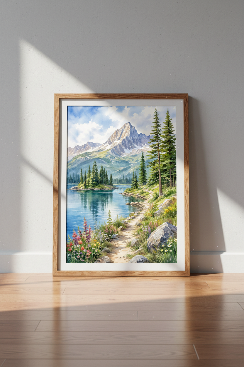 Mountain Lake Art | Watercolor Landscape, Nature Wall Decor Poster