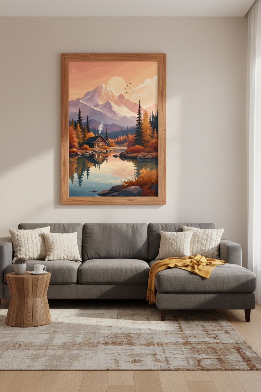 Mountain Cabin Landscape Print | Autumn Lake Decor | Rustic Nature Poster