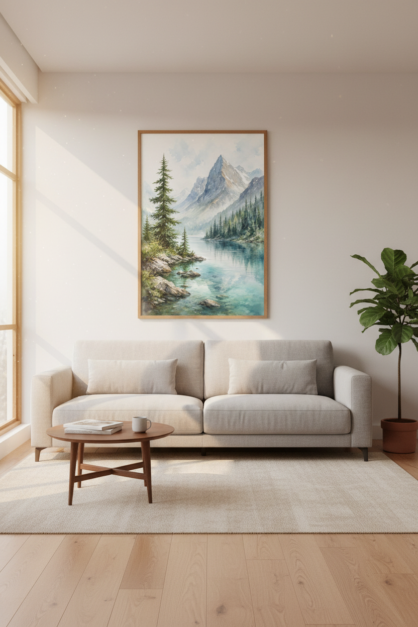 Watercolor Mountain Lake Wall Art | Blue Nature Landscape Print | Rustic Cabin Decor