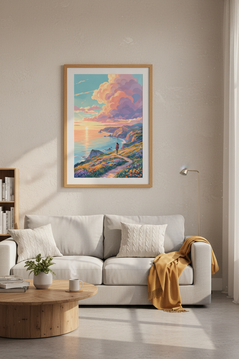 Anime Coastal Sunset Wall Art | Pastel Landscape Decor | Aesthetic Traveler Poster