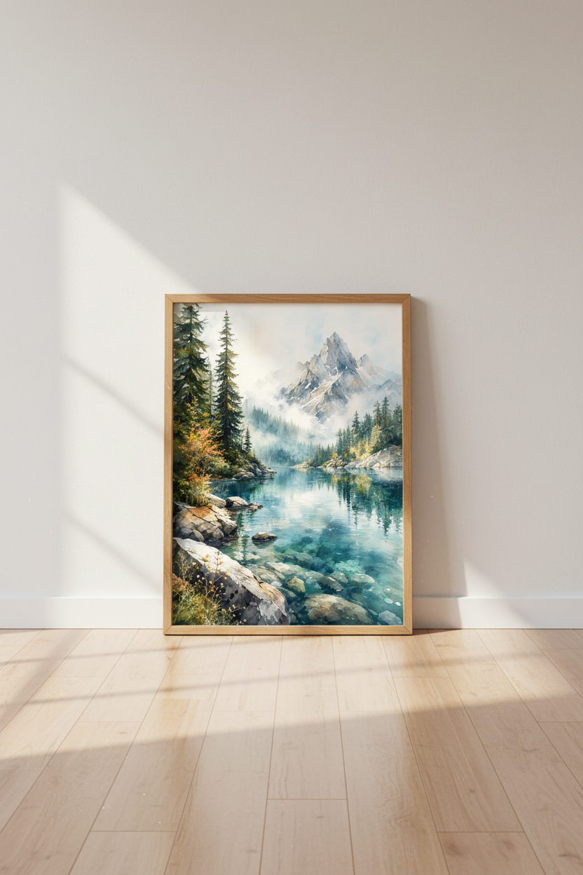 Mountain Lake Watercolor Wall Art Print | Living Room Decor | Nature Landscape Poster