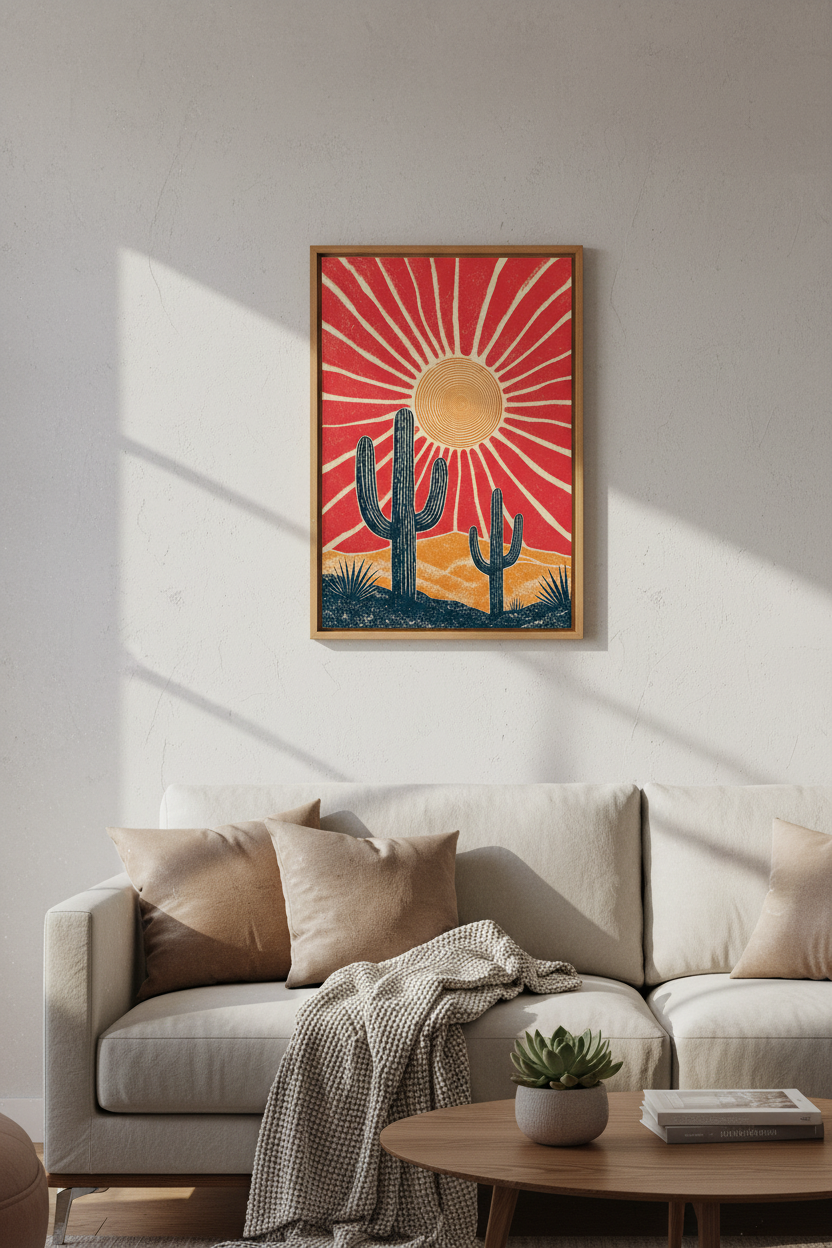 Boho Desert Cactus Wall Art | Retro Sun & Saguaro Print, Southwest Decor