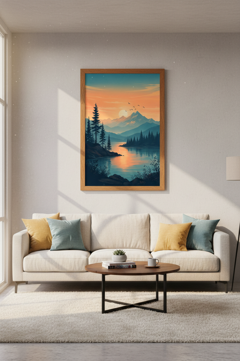 Mountain Lake Sunset Wall Art | Minimalist Pine Forest Print, Nature Landscape Decor