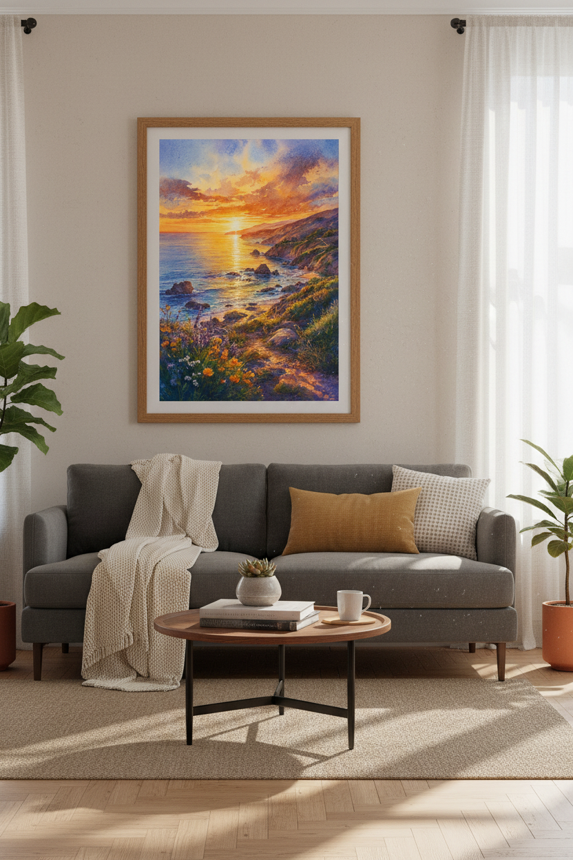 Coastal Sunset Watercolor Print | Beach House Wall Art | Golden Hour Poster