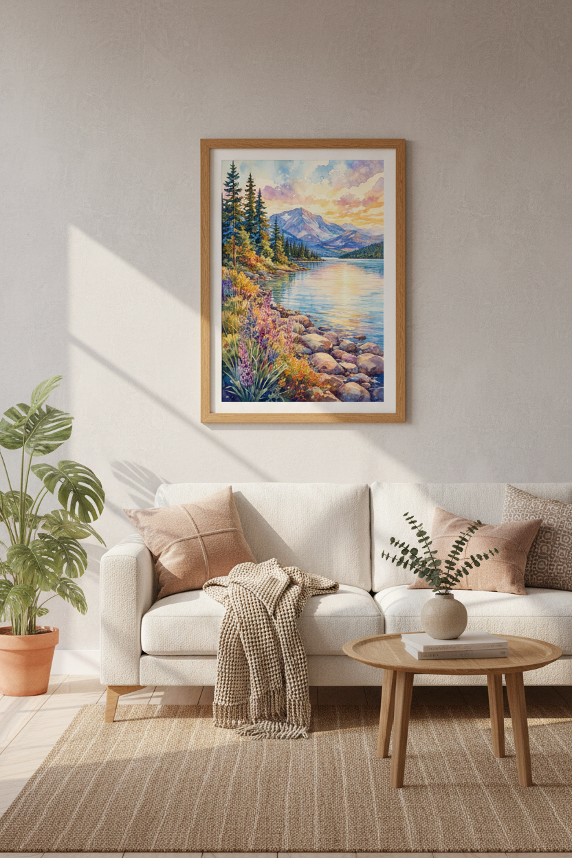 Mountain Lake Sunset Watercolor Art | Nature Landscape Print, Living Room Decor