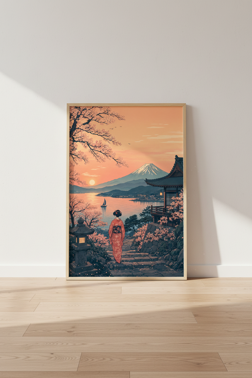 Mt Fuji Landscape Wall Art | Japanese Ukiyo-e Sunset Print, Zen Home Decor