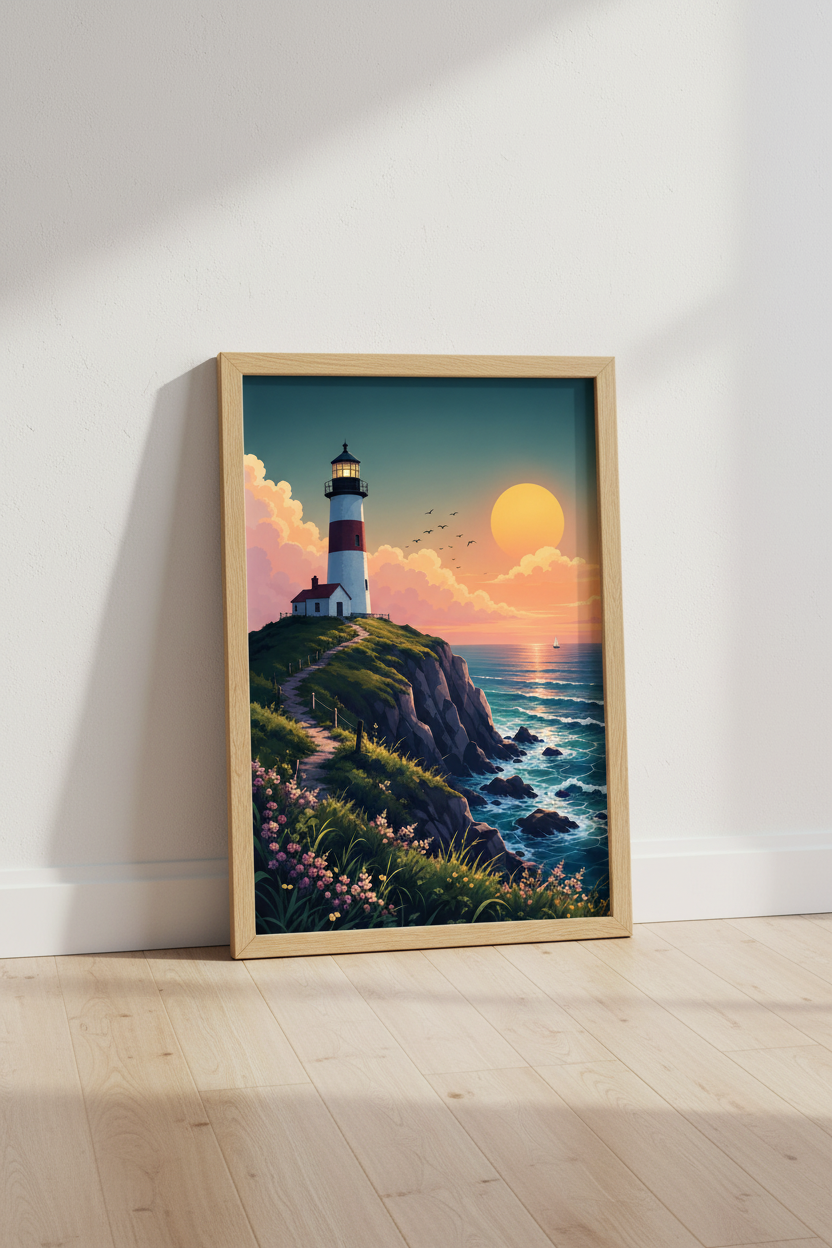 Lighthouse Sunset Wall Art | Coastal Ocean Landscape, Beach House Decor