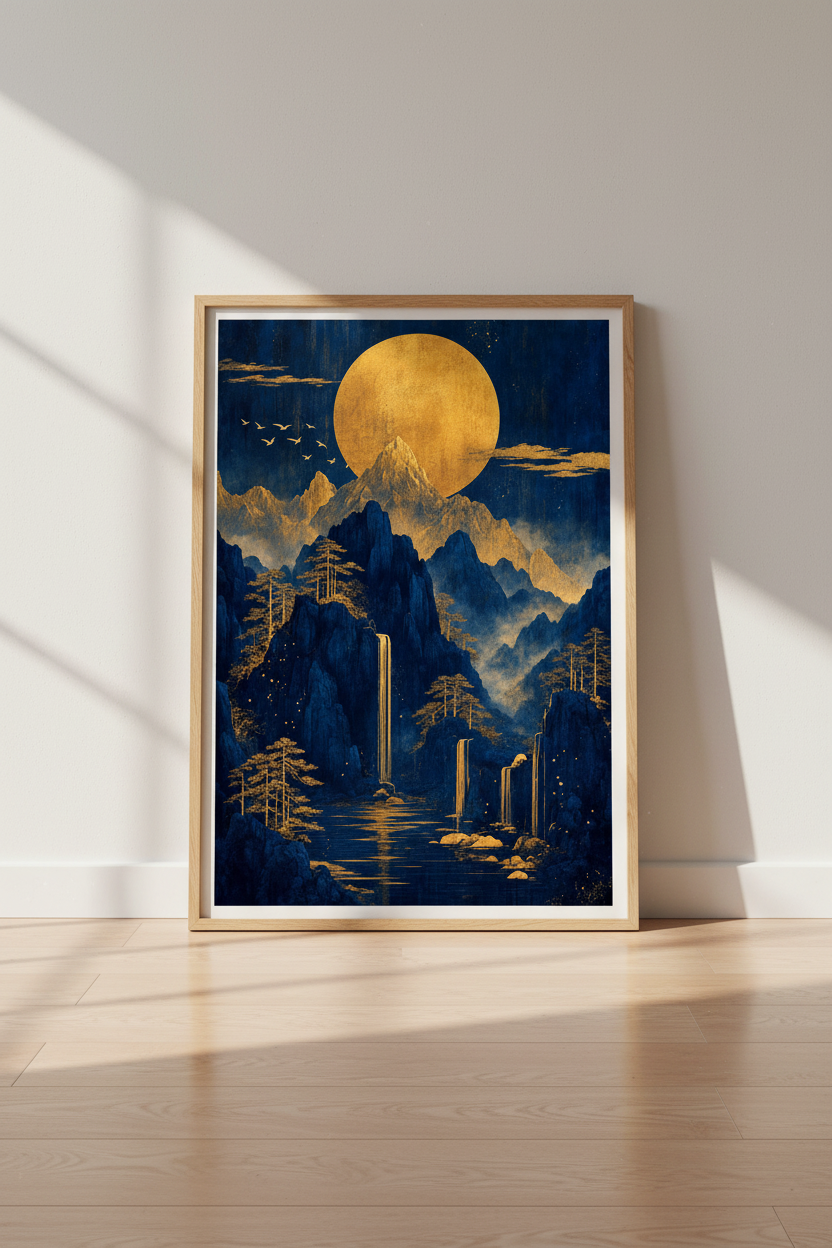 Golden Moon Mountain Wall Art | Indigo Navy Landscape Decor | Japanese Style Poster