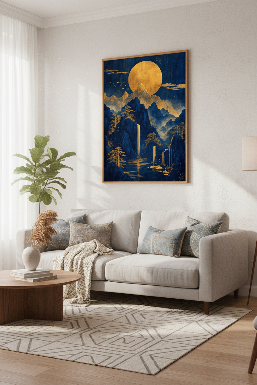 Golden Moon Mountain Wall Art | Indigo Navy Landscape Decor | Japanese Style Poster