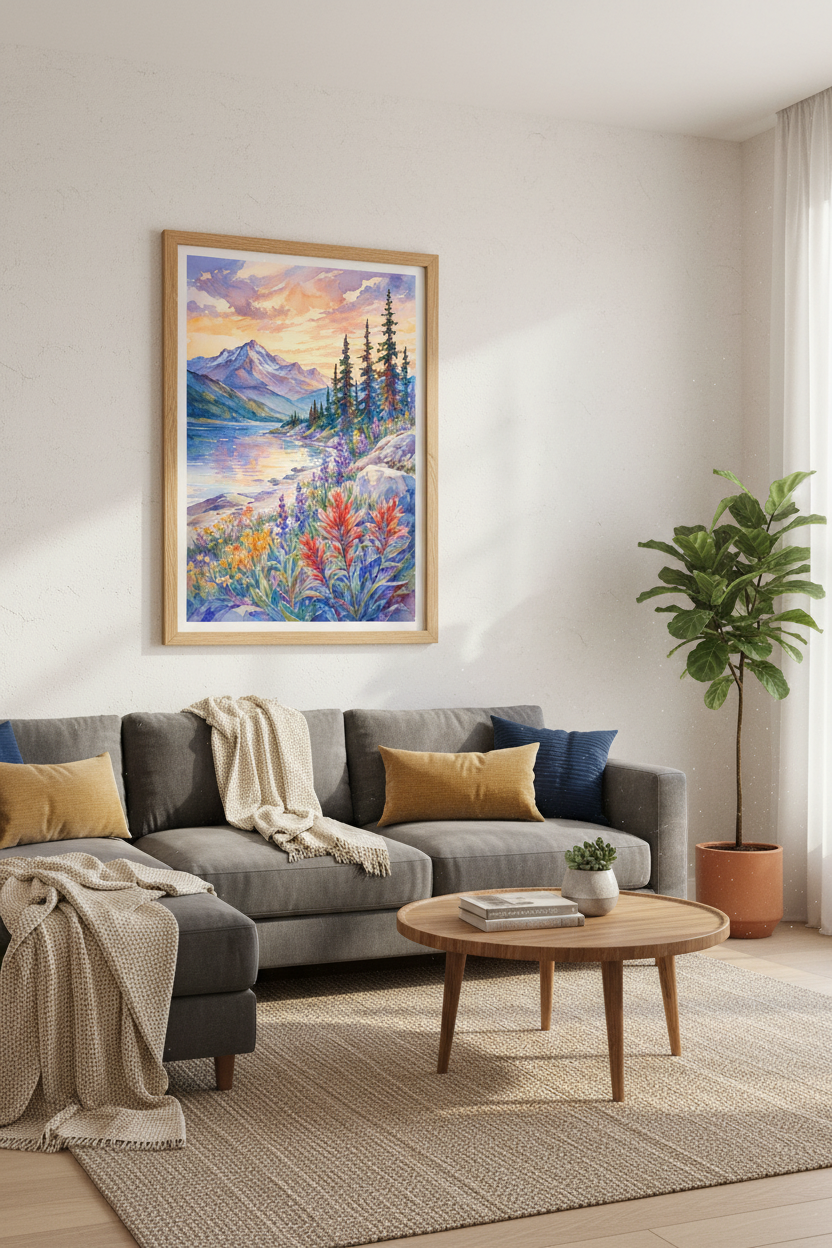 Mountain Lake Landscape | Watercolor Wildflower Sunset Print, Nature Wall Decor
