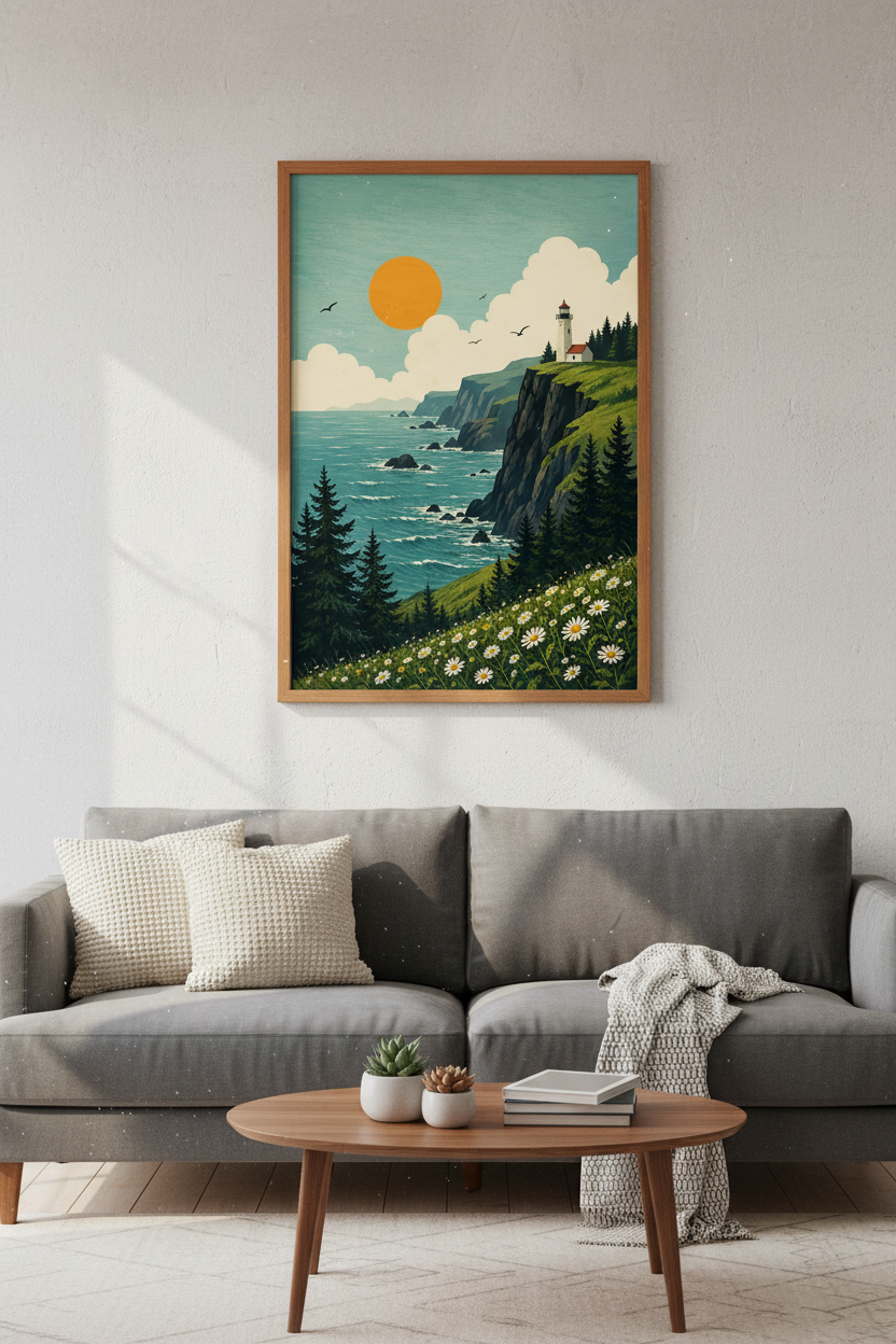 Lighthouse Coastal Landscape | Retro Nature Poster, Living Room Decor Art