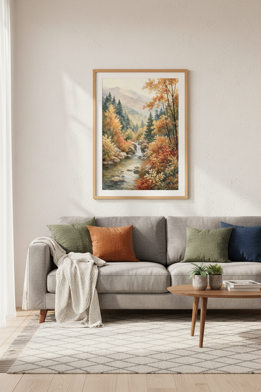 Autumn Mountain Stream | Watercolor Forest Landscape, Nature Wall Art Print
