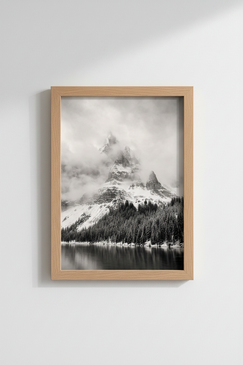 Cloudy Mountain Peak | Black and White Landscape, Modern Minimalist Wall Art