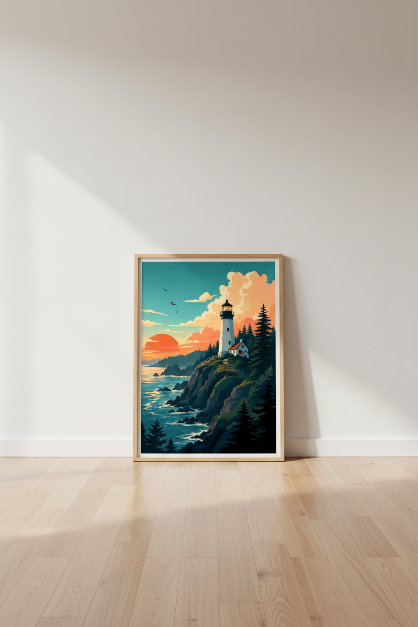 Lighthouse Sunset Wall Art | Nautical Coastal Print, Living Room Decor