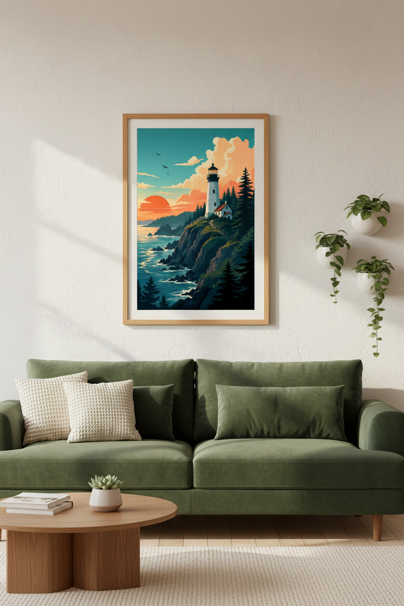 Lighthouse Sunset Wall Art | Nautical Coastal Print, Living Room Decor