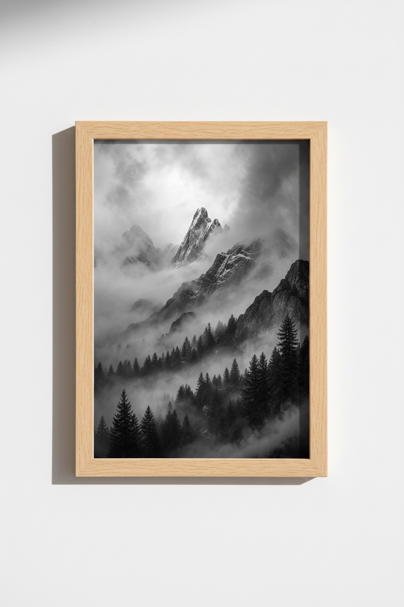 Mountain Landscape Print | Black and White Foggy Nature, Minimalist Modern Wall Art Poster