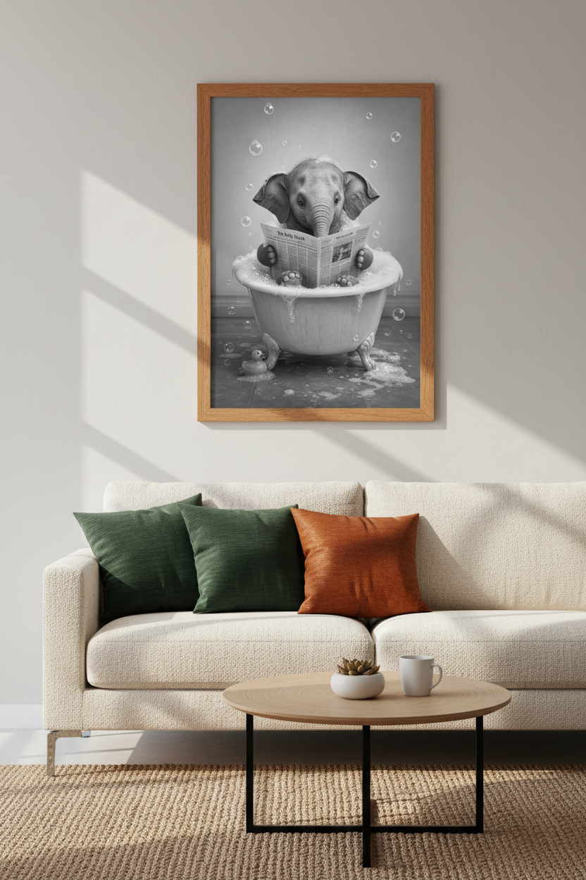 Baby Elephant in Bathtub Wall Art | Funny Bathroom Decor | Black and White Poster