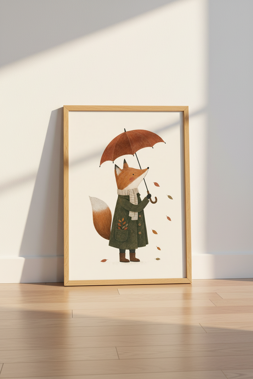 Fox in Raincoat Wall Art Print | Woodland Nursery Decor | Whimsical Autumn Poster