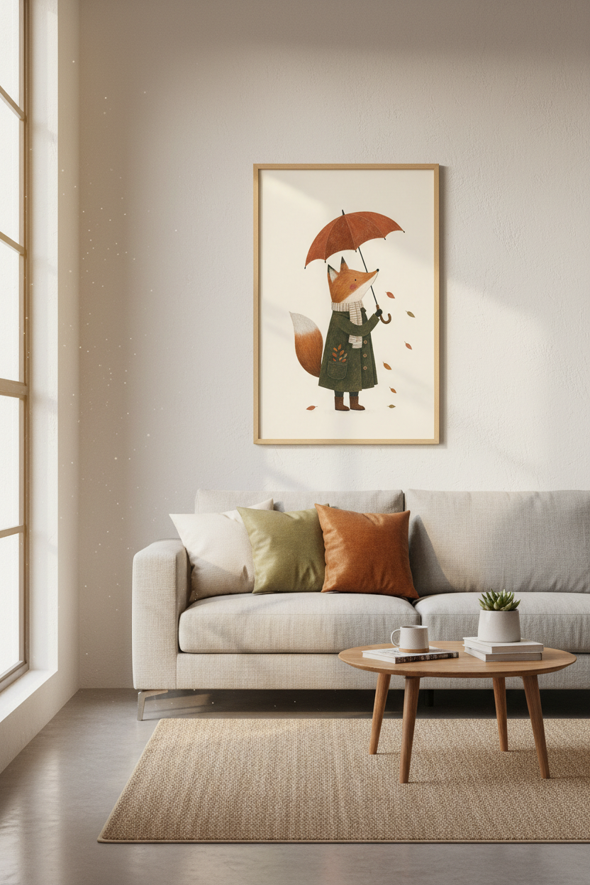 Fox in Raincoat Wall Art Print | Woodland Nursery Decor | Whimsical Autumn Poster