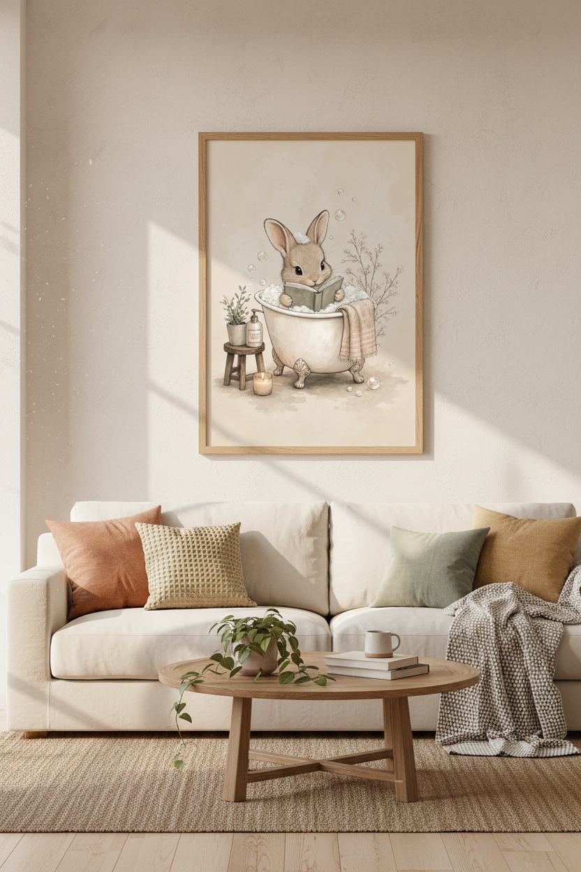 Bunny in Bathtub Reading Book Wall Art | Bathroom Decor | Cozy Watercolor Poster