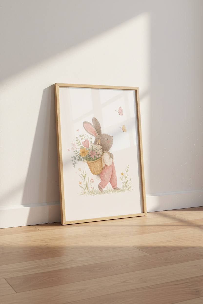 Bunny Rabbit Basket Wall Art | Nursery Decor | Whimsical Storybook Poster