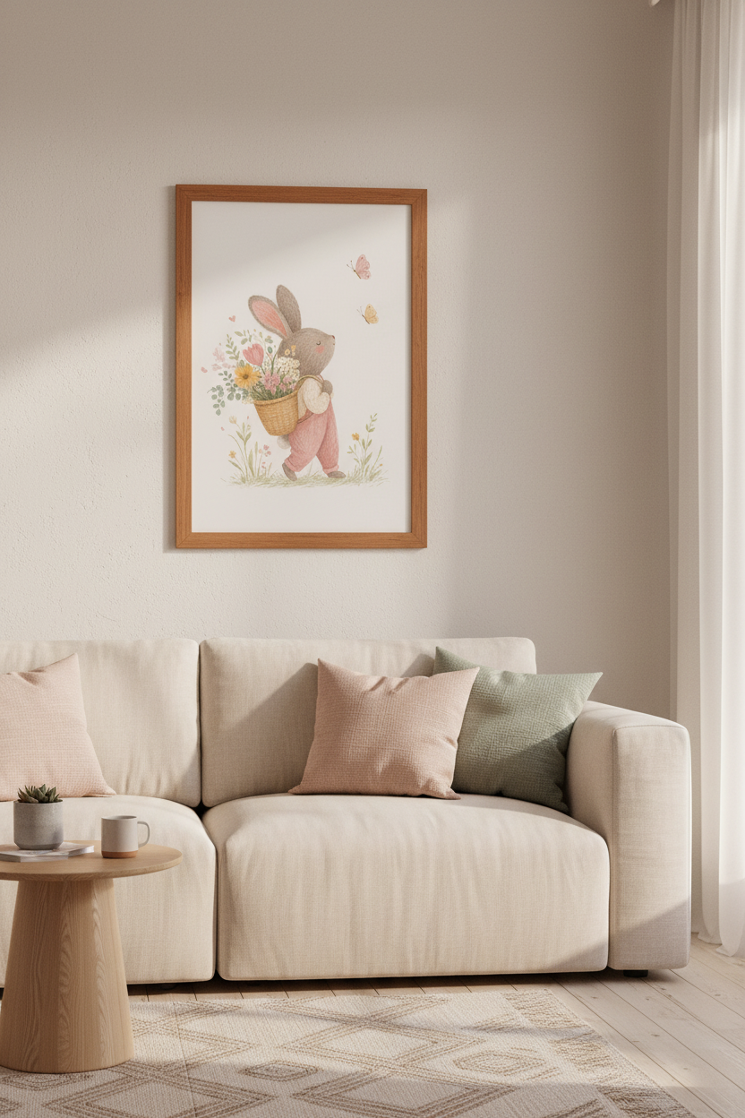 Bunny Rabbit Basket Wall Art | Nursery Decor | Whimsical Storybook Poster