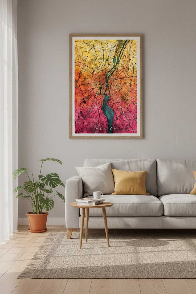 Munich City Map Art | Abstract Watercolor Gradient, Munich Germany Wall Decor Poster