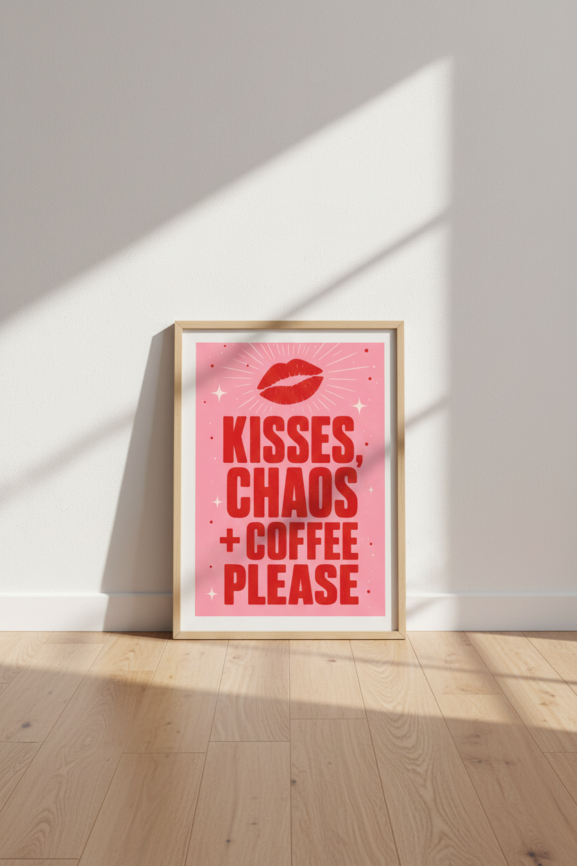 Kisses Chaos Coffee Print | Bold Pink Red Typography Poster, Modern Dorm Decor