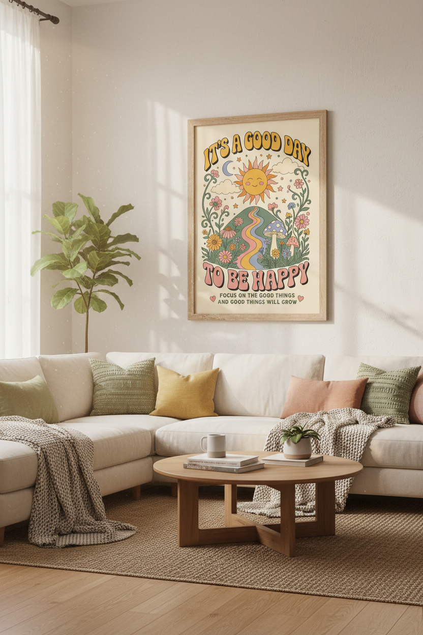 Retro Sun & Flower Wall Art | Groovy Happy Quote Poster, Boho Nursery Decor